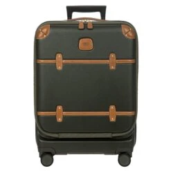 Brics Bellagio 3.0 21" Expandable Spinner Trunk - Navy Blue with Cognac Leather Accents & Front Pocket -Luggage Pros Store Brics Bellagio 3 0 21 Spinner Trunk with Pocket 3